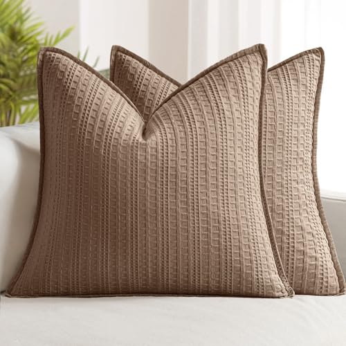 Set of 2 Decorative 100% Cotton Waffle Euro Sham Pillow Covers 24x24, Neutral Throw Pillows Weave European Cushion Cases for Couch Sofa Bed Modern Farmhouse Home Decor, Brown - color: Brown, size: 24" x 24" (Pack of 2)
