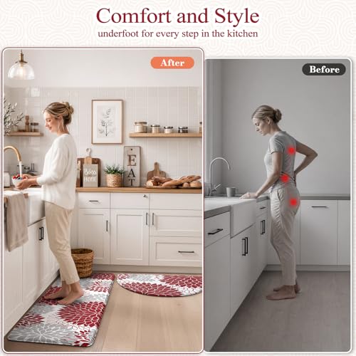 KIMODE Half Circle Kitchen Mats for Floor Cushioned Anti Fatigue,2PCS Semi Round Floral Boho Kitchen mat Non Slip,Waterproof Padded Kitchen Floor Mat Carpet Decor for Sink Laundry Bathroom,Red - color: Red, size: 18" x 28"+18" x 47"-0.47 inches