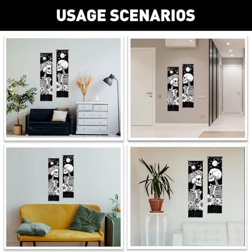 PLIGREAT 2 Pack Skull Long Tapestry Aesthetic Black and White Skeleton Wall Hanging with Tassels Sun Moon Tapestry for Bedroom Bathroom Living Room Long Narrow Wall Hanging Home Art Decor - color: Black and White