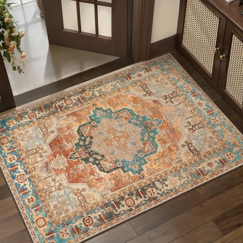Tangsoo 2x3 Small Rug for Entryway, Washable Rugs Vintage Non Slip Small Area Rug, Indoor Front Door Rug, Print Distressed Door Mat Carpet, Soft Low Pile Rugs for Entry Entrance Kitchen Bedroom - color: Rusty Orange, size: 2' X 3' (Rectangular)