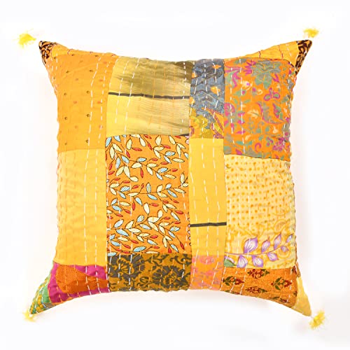 18X18 Indian Ethnic Bohemian Set of 5 Decorative Colorful Square for Sofa Set Home Decorative Floral Design Boho Throw Pillow Case Silk Cushion Cover