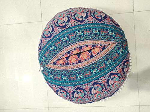 CRAFT KALA Mandala Floor Pillow Cushion Cover Seating Throw Cover Hippie Decorative Bohemian Ottoman Poufs Pom Pom Pillow Cases Boho Indian Cotton Living Room Home Décor 24" Round Elephant Moor Joda - color: Elephant Moor Joda, size: 24" x 24" (Pack of 1)