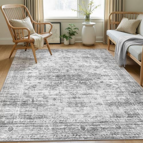 Washable Area Rugs 5x7, Soft Large 5x7 Rugs for Living Room Non-Slip Vintage Black Grey Indoor Carpet Stain Resistant Rugs for Dining Room Bedroom Nursery Kid & Pet Friendly - color: Black Grey, size: 5' x 7' (Rectangular)