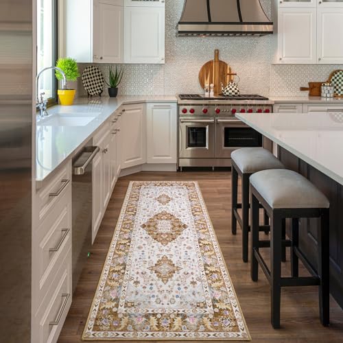 Amearea Vintage Design Runner Rugs for Living Room, 2x6 Machine Washable Floral Collection Traditional Bedroom Rug, Low Pile Cute Kids Room Print Carpet, No Slip Office Kitchen Home Decor, Gold Yellow - color: Gold, size: 2' X 6' (Runner)