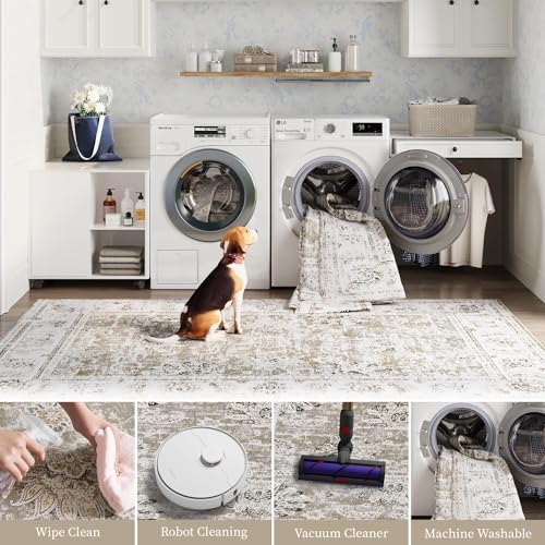 jinchan Fiora Runner Rug 2x5, Distressed Vintage Floral Washable Rug with Low-Pile Surface and Non-Slip Backing, for Entryway Kitchen Laundry Room Indoor Walkways and High-Traffic Areas, Taupe - color: Distressed Taupe, size: 2' x 5' (Light Weight)