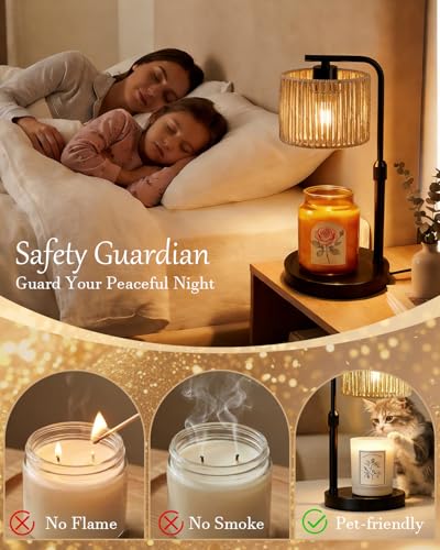 Candle Warmer Lamp, Timer Dimmable Candle Lamp, Adjustable Height and Brightness Black Candle Warmer, Boho Rattan Lampshade and 2 Bulbs, Suitable for Home Decor, Birthday Gifts for Women Mom - color: Rattan-Black