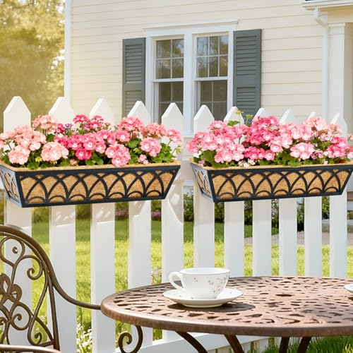 30 Inch Railing Planter Box Window Boxes Planters - 2 Pack Deck Railing Planter Boxes with Adjustable Brackets Coco Liners Balcony Planters Railing Hanging for Window Flower Boxes Outdoor Garden Decor - size: 30 Inch