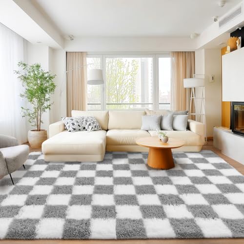 Area Rugs for Living Room Bedroom 9x12, Ultra Fluffy Shag Checkered Rug Modern Washable Carpet Soft Shaggy Non Slip Indoor Plush Fuzzy Rugs for Bedroom Dorm Office Home Aesthetic Decor, White & Grey - color: White & Grey, size: 9' x 12' (Rectangular)