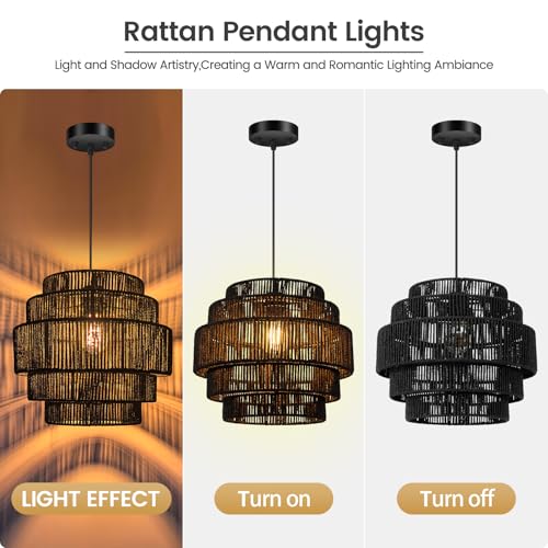 BoostArea Boho Rattan Chandelier Light,5-Tier Hand Woven Lampshade Ceiling Pendant Light Fixture,13” Farmhouse Chandelier Hanging Light for Living Room,Kitchen Island,Bedroom,Adjustable Cord,Black - color: Black