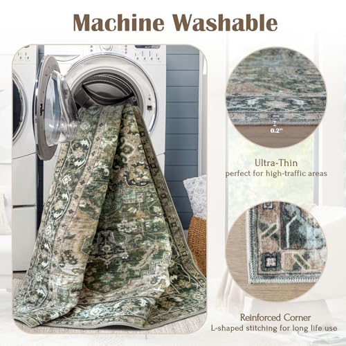 LUXRUG Area Rugs 9x12 Living Room - Large Washable Moss Green Boho Rugs for Bedroom Soft Vintage Rug Ultra-Thin Farmhouse Oriental Carpet Stain Resistant Rug for Dining Room Guest Room Home Decor - color: Moss Green, size: 9' x 12' (Rectangular)