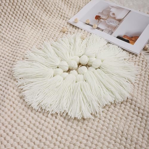 White Boho Macrame Wall Hanging Handmade Tassels Garland Wall Hanging with Wooden Beads for Bedroom Nursery Birthday Gift Party Living Room Neutral Home Decor Aesthetic - color: White