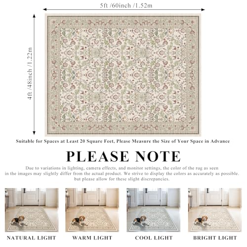 4x5 Rug Entryway Washable: Non-Slip Floral Area Rug for Bathroom Kitchen- Farmhouse Low Pile Stain Resistant Carpet Long Thin Front Door Mat (4x5 Off-White/Green/Multi) - color: Off-white, size: 4' x 5' (Rectangular)