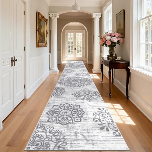 HEBE Hallway Runner Rug 3'x20' Washable Vintage Distressed Area Rugs Non Slip Laundry Rug Runner Boho Floor Carpet Runners for Hallways Entryway Laundry Room Kitchen Bathroom - color: Grey, size: 3' x 20' (Rectangular)