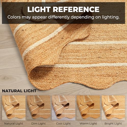 GRUHUM Jute Area Rug 4'x6' ft Wave Scalloped Natural Ivory Border Handwoven Boho Reversible Rustic Vintage Farmhouse Soft Braided EcoFriendly Rug - Indoor Livingroom Kitchen Hallways Entryway 4x6 ft - color: Natural - Ivory Border, size: 4' x 6' (Rectangu