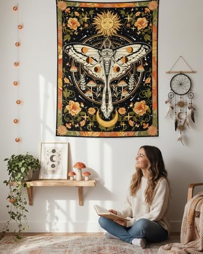 Aipon Orange Moth Tapestry Boho Retro Floral Flowers Tapestries Aesthetic Vintage Mushroom Tapestry Bedroom Indie Verti1cal Ta1pestry Wall Hanging for Living Room Dorm (36.00'' × 48.00'', Orange) - color: Orange, size: 48"L x 36"W