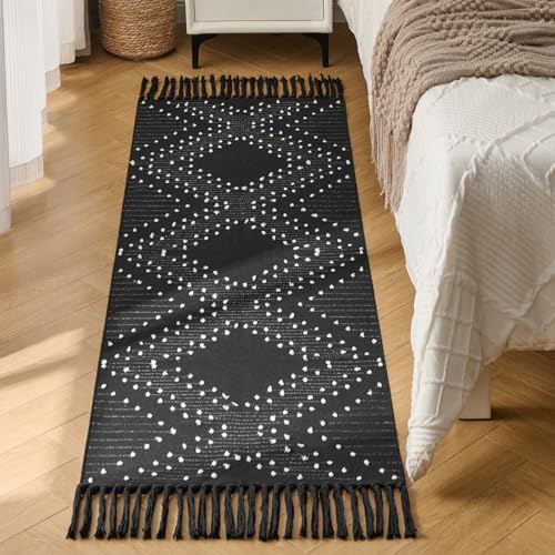 2x6ft Runner Rug, Black Washable Rug for Hallway Non Slip, Boho Kitchen Bathroom Runner for Bedroom with Tassels - size: 2' x 6' (Runner)