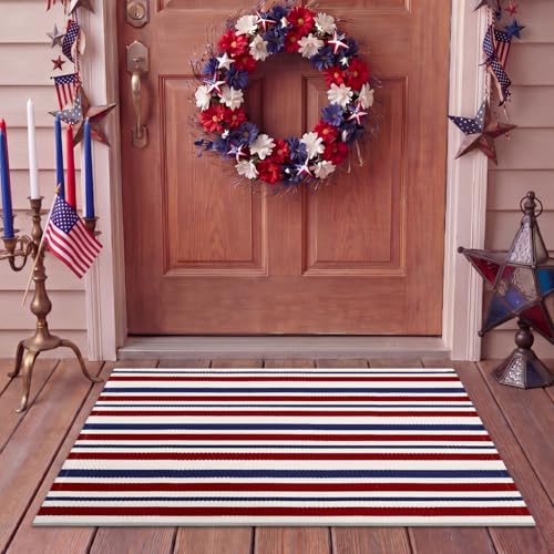 Moucuny Red Blue White 4th of July Striped Rug 250th Anniversary Mat Patriotic Outdoor Front Porch USA Door Mat Welcome Layering Rug 4th of July Doormat for Entryway Farmhouse Decor (2' X 3')