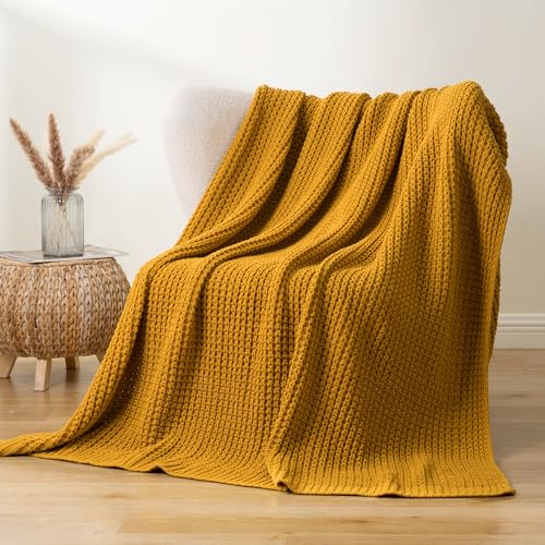 Bunnikins & Clover Knitted Waffle Throw Blanket 60x80 Inches, Mustard Yellow Throw Blanket for Couch, Soft Cozy Chenille Knit Blanket Warm Decorative Throw for Sofa - color: Mustard, size: 60"x80"