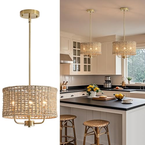 3-Light Rattan Chandelier Chandeliers for Dining Room, Boho Chandelier, Coastal Hand Woven Pendant Light Fixture for Kitchen Island Entryway Foyer Living Room Bedroom UL Listed Gold - color: Gold, size: 12.6"