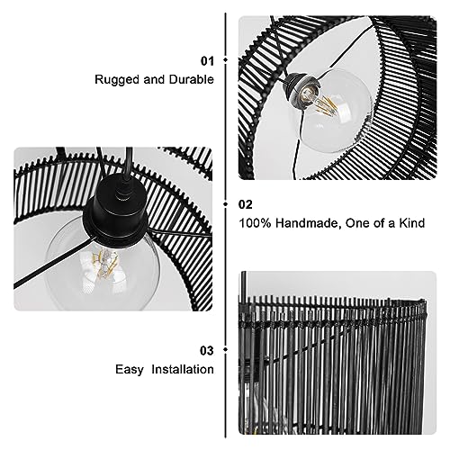 Woven Rattan Pendant Lamp, 16 Inch Large Natural Simple Hand Weaved Coastal Beach Black Rope Hanging Pendant Light Fixture for Dining Room Living Room Bedroom Kitchen Foyer - size: 6528L