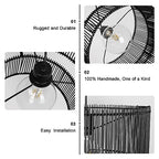 Woven Rattan Pendant Lamp, 16 Inch Large Natural Simple Hand Weaved Coastal Beach Black Rope Hanging Pendant Light Fixture for Dining Room Living Room Bedroom Kitchen Foyer - size: 6528L