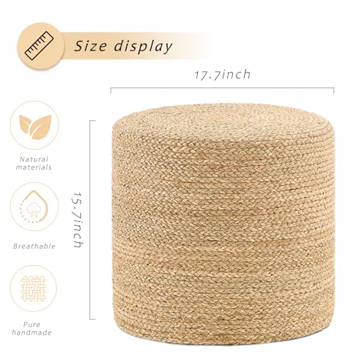 Handwoven Ottoman Pouf, Natural Seagrass Footstool, Round Braided Outdoor Seat with Sturdy Frame, Boho Accent Stool for Patio, Balcony, or Garden (Seagrass) - color: Seagrass, size: 17.7"D x 17.7"W x 15.7"H