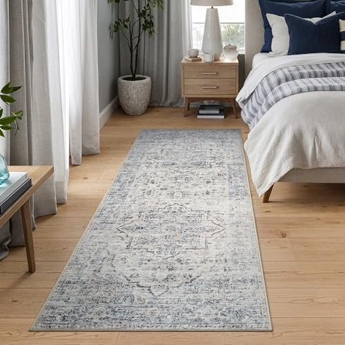 Bloom Rugs Caria Washable Non-Slip 7 ft Runner - Ivory/Blue/Gray Traditional Runner for Entryway, Hallway, Bathroom, and Kitchen - Exact Size: 2'6" x 7' - color: Ivory / Blue / Gray, size: 2'6" x 7' (Runner)
