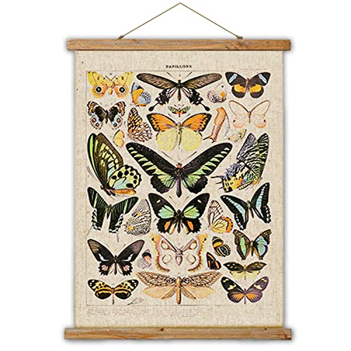 Vintage Butterflies Hanging Poster, Retro Style of Wall Art Prints, Printed on Linen with Wood Frames, Ready to Hang - color: Butterflies