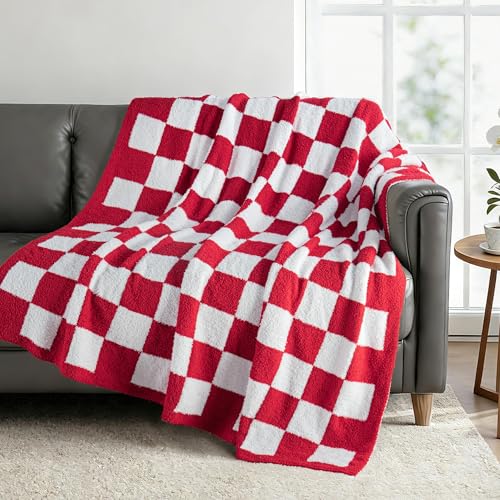 Exclusivo Mezcla Checkered Knit Throw Blanket, Ultra Soft and Warm Reversible Woven Blankets, Cozy Snuggly Throw for Couch Bed and Home Decor, Red, 50"x60" - color: Red, size: Throw (50"x60")