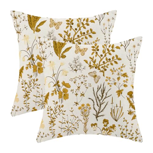AEIOAE Summer Pillow Covers 16x16 Inch Set of 2,Mustard Yellow Wild Flower Plant Throw Pillows Case,Seasonal Floral Outdoor Decorative Square Linen Farmhouse Decor Cushion Covers for Home Couch - color: Mustard Yellow Wild Floral, size: 16" x 16" (Pack of
