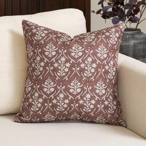 Amor Virisso Floral Pillow Covers 20x20 Inch Farmhouse Block Print Pillow Cover Accent Square Neutral Modern Decorative Throw Pillow Covers for Living Room Couch Bed Sofa Chair, Brown - color: Brown, size: 20" x 20" (Pack of 1)