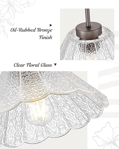 Pendant Lights Kitchen Island, HWH Kitchen Island Lighting for Bathroom, Dining Room, 1-Light Hanging Lights Fixtures with Clear Floral Glass, Oil-Rubbed Bronze Finish, 5HJX110MIL ORB - color: Oil-Rubbed Bronze