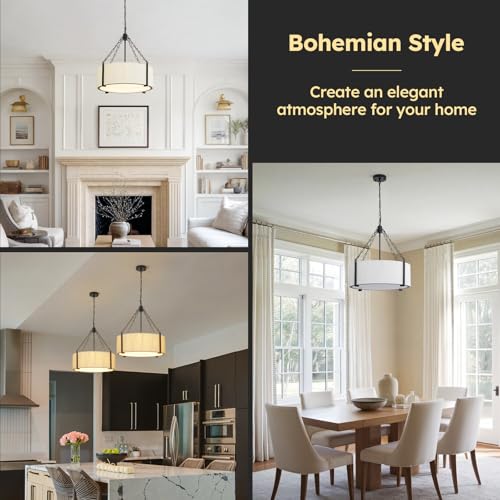 21" White Rattan Chandelier for Dining Room, 5-Light Hand Woven Boho Pendant Light Fixture Adjustable Coastal Chandeliers for Kitchen Island Living Room Bedroom Foyer Hallway, ETL Listed - color: 5-Light Black+White
