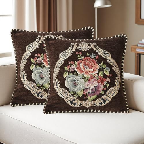Set of 2 Vintage Floral Throw Pillow Covers 18x18 Inch, Brown Chenille Embroidered Cushion Cases, Decorative Euro Shams for Couch Sofa Bed Farmhouse Home Decor - color: Brown