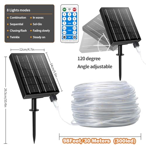 LairtPOW Thicker Tube Solar Rope Lights with Remote for Garden Decor,98FT 300LEDs Outdoor Solar String Lights for Yard,IP67 Waterproof USB Charging,Timing & 8 Modes Fairy Light for patios(Warm White) - color: Brighter-Warm White, size: 300 LED