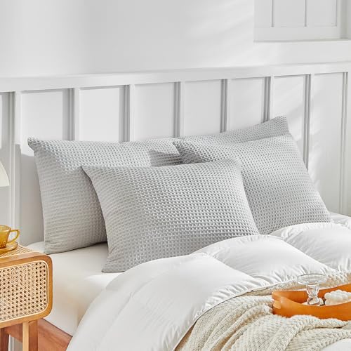 WARMDERN Waffle Weave Pillowcases King Size 2 Pack Pillow Cases Soft Microfiber Pillow Case Covers Set of 2 Boho Woven Textured Pillowcase with Envelope Closure(Light Grey, King, 20x36 Inches) - color: Light Grey-waffle Weave, size: 20" x 36" (Pack of 2)