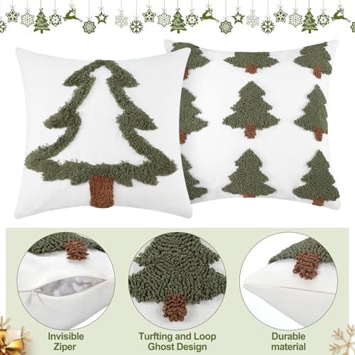 FuWeave 2 Pcs Tufted Christmas Tree Throw Pillow Cover 18 x 18 Inch Winter Throw Pillow Covers White Decorative Farmhouse Pillowcase for Holiday Party Winter Couch Home