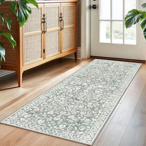 Vintage Washable 2x5 Rug Runner, Sage Green Grey Runners for hallways, Super Soft Kitchen Runner Rug Non Slip, Printed Faux Wool Floral Thin Carpet Runner for Entryway Laundry Room Bedroom - color: Grey With Light Sage Green, size: 2' x 5' (Runner)