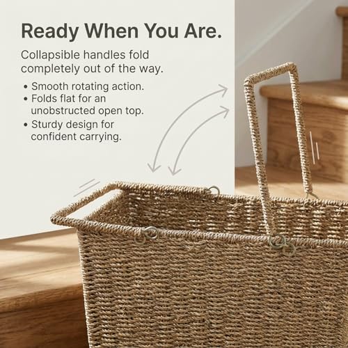 Household Essentials Wicker Stair Basket with Handles, Handwoven Seagrass, Natural - style: Seagrass and Corn Husk
