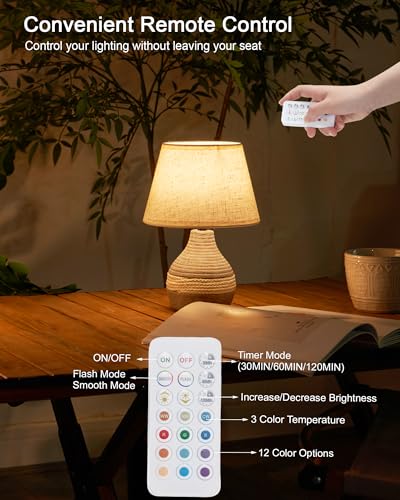 10" H Small Rechargeable Cordless Ceramic Table Lamp with Remote, RGB & Warm White Light, Timer & Dimmer, Battery Table Lamp with Linen Shade for Patio, Bedroom, Living Room, Dining Table - size: Mini-10"H