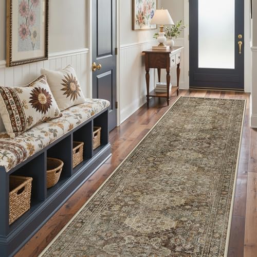 Bavni Washable Runner Rug 3x10, Non Slip Hallway Rug, Vintage Aesthetic Thin Low Pile Washable Carpet for Kitchen Bedroom Entryway, Brown - color: Brown, size: 3' x 10' (Rectangular)