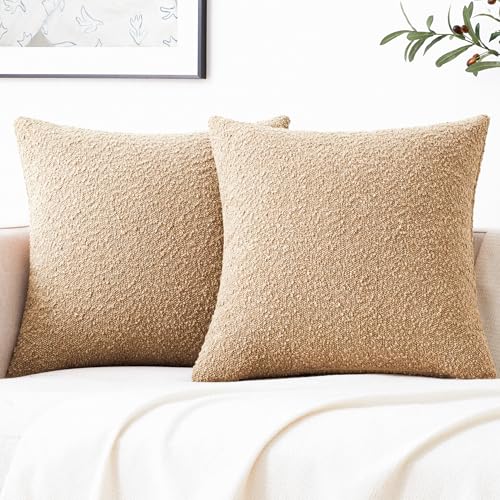 Mixhug Decorative Boucle Throw Pillow Covers, Camel, 18 x 18 Inches, Pack of 2 - Textured Boho Pillow Covers for Couch and Bed - color: Camel, size: 18" x 18" (Pack of 2)