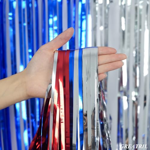 Blue Silver Red Party Streamers - GREATRIL Patriotic Tinsel Foil Fringe Backdrop Decorations for 4th of July/Independence Day/Memorial Day Party Supplies 3.2ft x 8.2ft 2 PCS - color: Blue Silver Red
