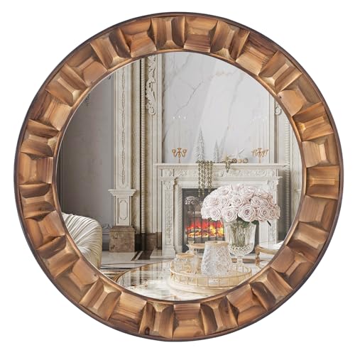 30 Inch Dark Solid Wood Round Wall Mirror, Brown Wooden Decorative Circle Mirror for Bathroom, Bedroom, Living Room, Entryway, Hallway, or Foyer - color: A - Round - 30x30 in