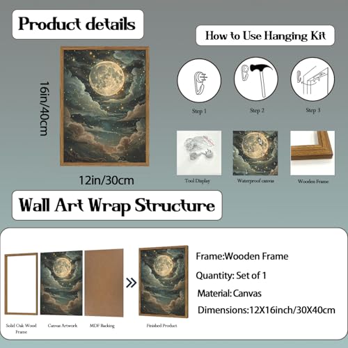 Dark Mystical Moon Wall Art Vintage Cottagecore Celestial Wall Decor Picture Moody Night Cloud Sky and Star Poster Canvas prints for Living Room Bedroom 12x16 inch Wood Framed - color: Moon, size: 16"L x 12"W