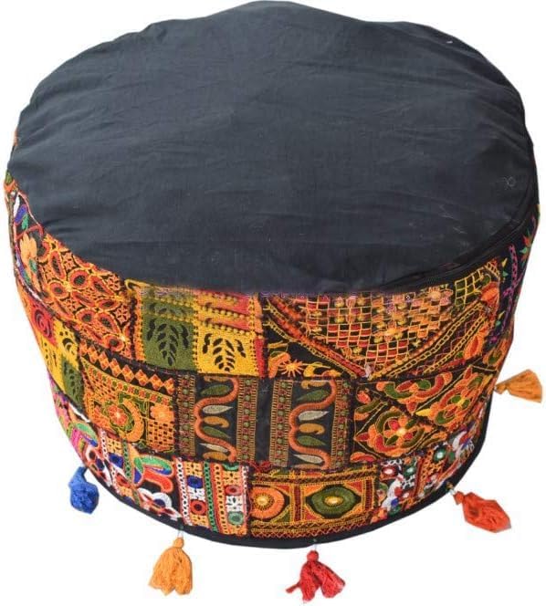 Indian Pouf Footstool Ethnic Embroidered Pouf Cover, India Cotton Round Pouffe Ottoman Pouf Cover Pillow Ethnic Decor Art-Cover Only-Indian Ottoman poufs - color: Black Rajkoti, size: 22"D x 22"W x 14"H