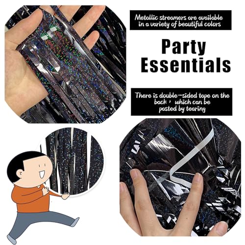 3 Pack Black Party Streamers Backdrop Tinsel Foil Fringe Curtains Halloween Party Decorations Birthday Wednesday Party Decorations Graduation Halloween Decor Party Supplies - color: Black