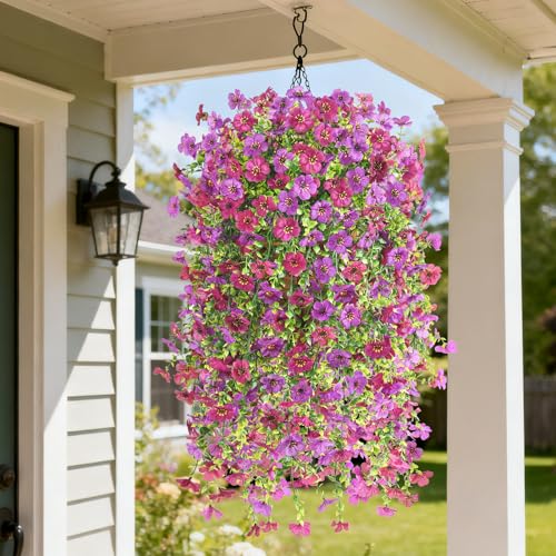 INQCMY Artificial Hanging Flower Baskets for Spring Outdoor Decoration Fake Plants UV Resistant Faux Silk Daisy with Eucalyptus Leaves Realistic Look for Home Porch Patio Yard - color: Purple Red