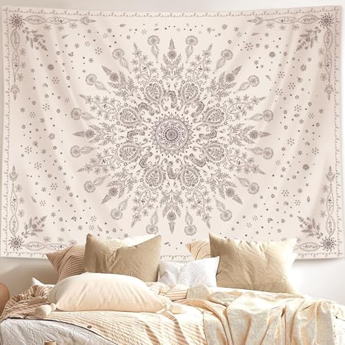 Lunerfex Boho Floral Tapestry Mandala Wall Tapestry, Cute Tapestries for Bedroom Beige Flower Tapestries Wall Hanging for Bedroom Living Room Decor Beige-1 60"x80" - color: White Black, size: 80"L x 60"W