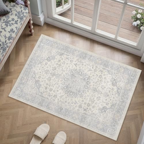 PureCozy 2x3 Area Rug Washable Neutral Gray Vintage Entryway Carpet Non Slip Low Pile Soft Door Mat Indoor Entrance Floral Small Grey Throw Rug for Bathroom Bedroom Office Laundry Kitchen - color: Vintage | Gray, size: 2' x 3' (Rectangular)